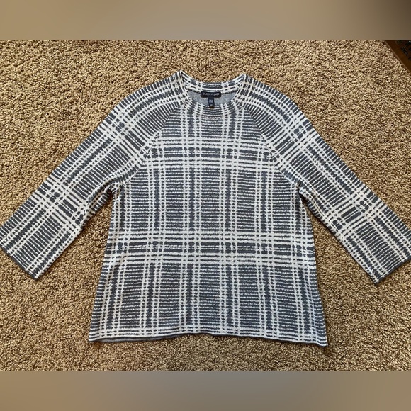 Eileen Fisher gray/cream plaid 3/4 length sleeves sweater. Tencel/merino wool. - Picture 2 of 4